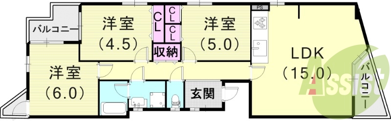 3LDK(61.27平米)システムキッチン・2面バルコニー