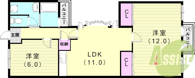 2LDK（63.23平米）バス・トイレ別・室内洗濯機置場