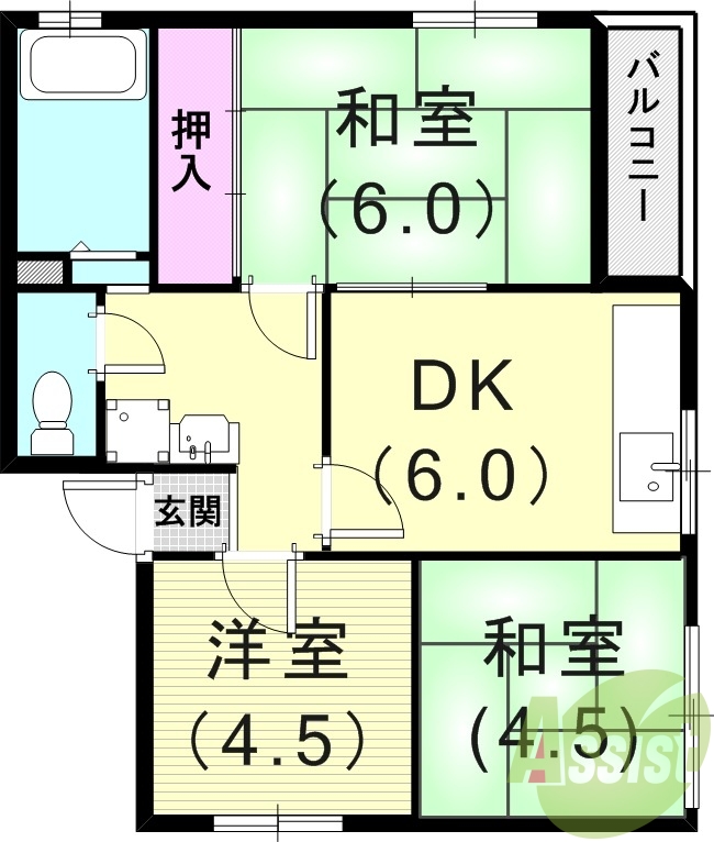 3DK(45平米）室内洗濯機置場・コンロ設置可