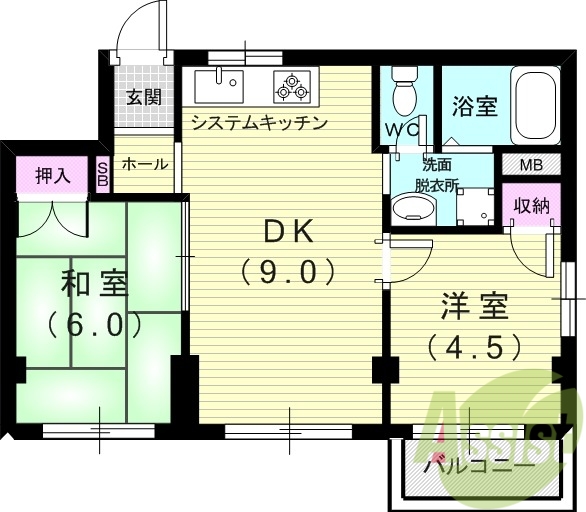 ２ＤＫ（４３．8８平米）システムキッチン・脱衣所・独立洗面台