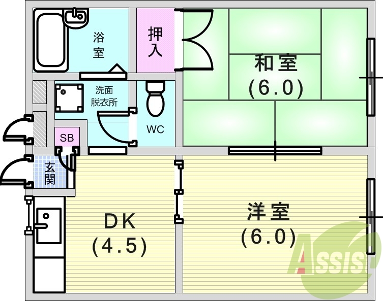 2DK(34.7平米）和室・バス・トイレ別・室内洗濯機置場