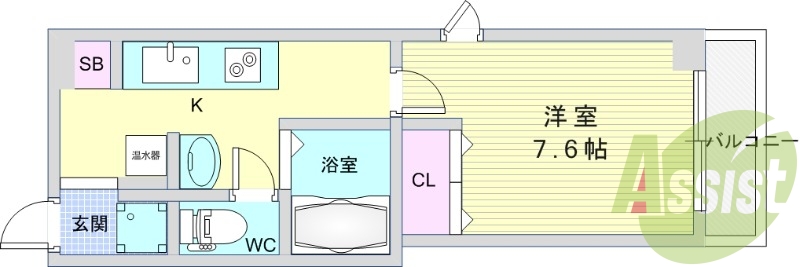 1K（24.52平米）独立洗面台・エアコン・オートロック