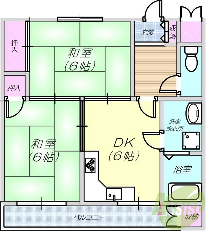 2DK（47平米）風呂トイレ別・バルコニー・室内洗濯機置場