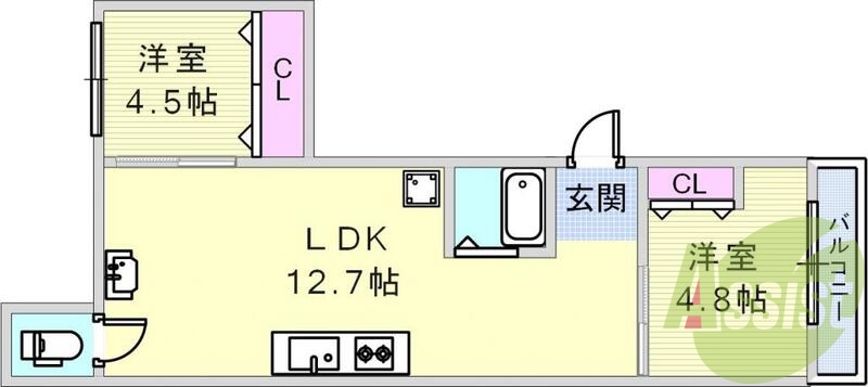 ルームシェアや新婚さんにピッタリの間取り