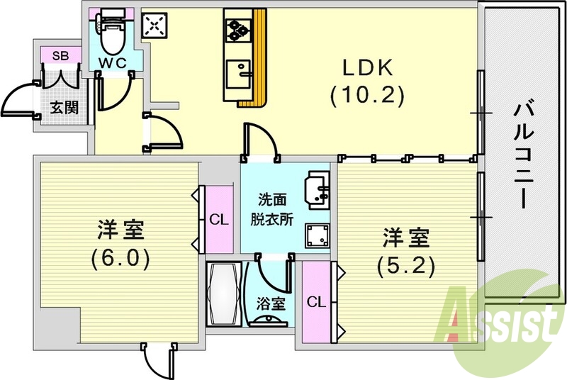 人気の洋間、2LDK間取。