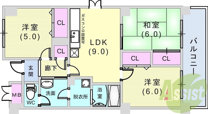 3LDK(61.2平米）風呂トイレ別・和室・室内洗濯機置場
