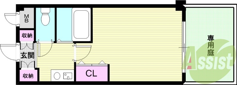 1K（20.23平米）専用庭・風呂トイレ別・エアコン・収納