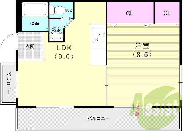 1DK(30平米)独立洗面台・室内洗濯機置き場・クローゼット