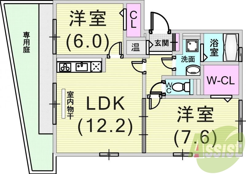 2LDK(60.88平米)浴室乾燥機・オール電化・専用庭