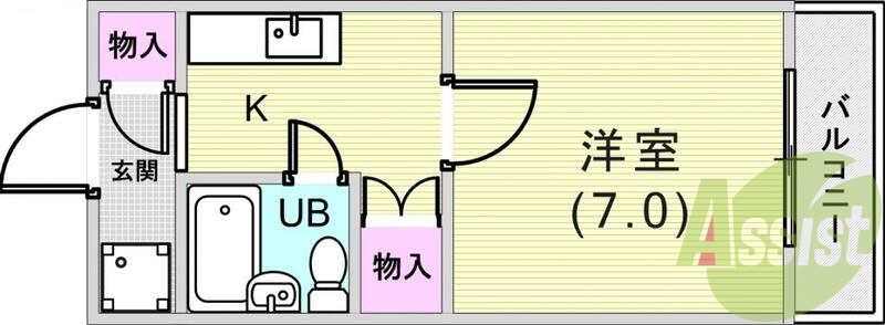1K（22平米）エアコン・バルコニー・室内洗濯機置き場