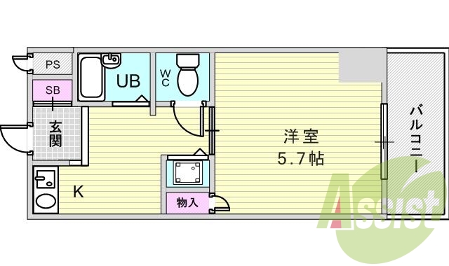 １Ｋ（１９．２９平米）フロトイレ別・室内洗濯機置き場・収納
