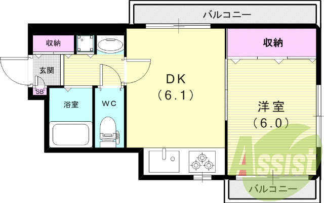 1ＤＫ（38.47平米）システムキッチン・３点セパレート