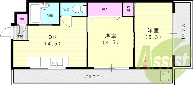 2DK（28.92平米）2面採光・風呂トイレ別・下駄箱・収納