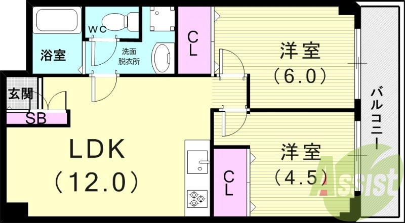 2LDK(48平米)風呂トイレ別・エアコン・ネット使用料不要