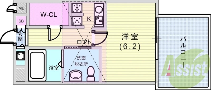 1K（22平米）ロフト・独立洗面台・ウォークインクローゼット