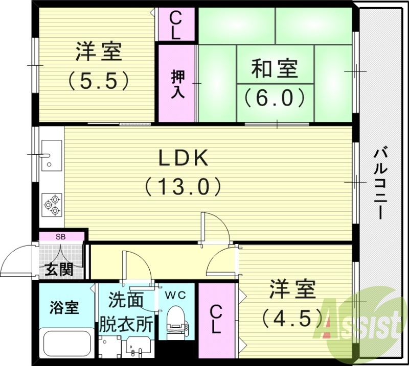 3LDK（65.10平米）システムキッチン・独立洗面台