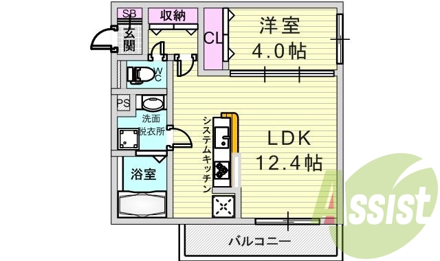 1LDK（４０.１５平米）カウンターキッチン・グリル・
