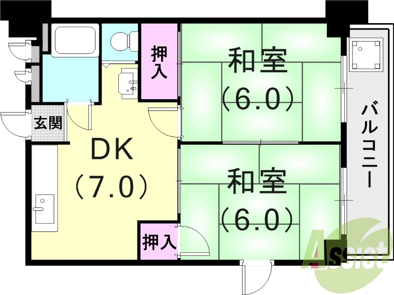 2DK(39.04平米）バス・トイレ別・モニターフォン