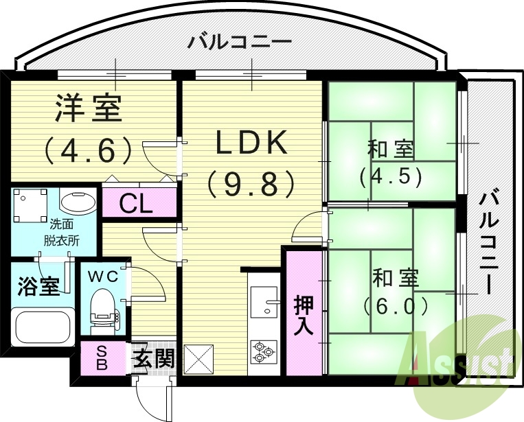 3LDK（56.07平米）3口コンロ・エアコン・下駄箱