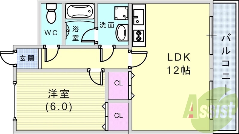 １LDK（４３．２平米）システムキッチン・独立洗面台・収納