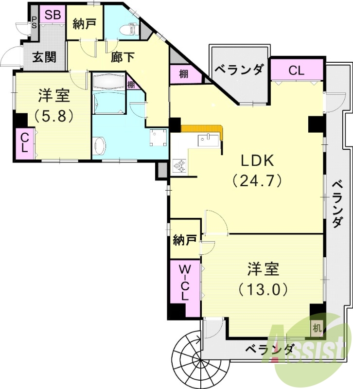 2LDK（107.9平米）お風呂トイレ別・脱衣所・納戸