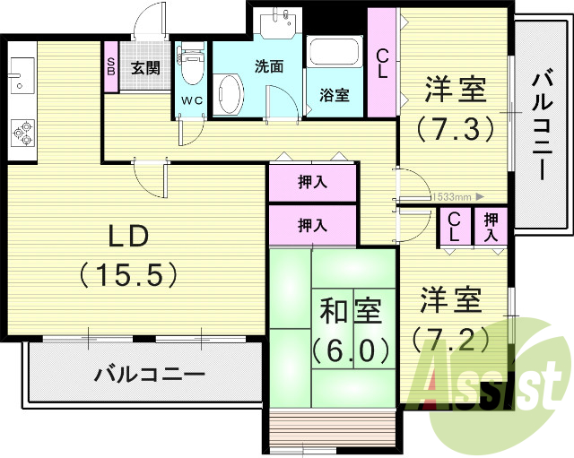 3LDK（95.65平米）室内洗濯機置き場・収納・バルコニー