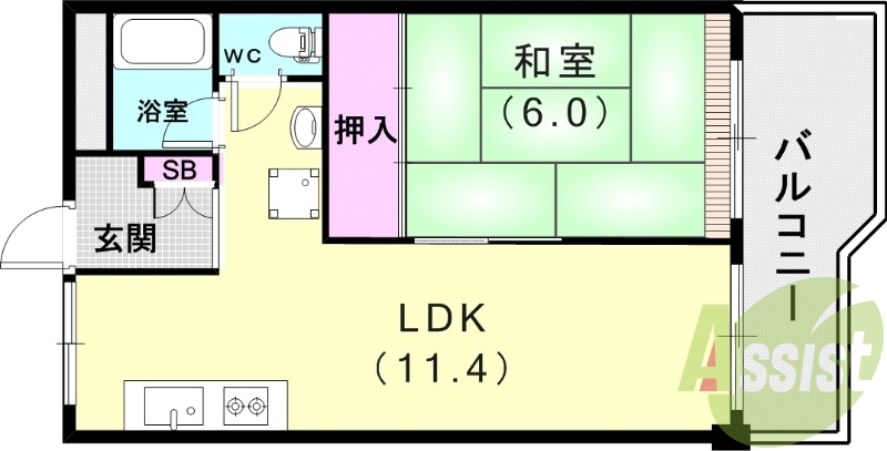 1LDK（41.33平米）室内洗濯機置き場・独立洗面台・押入