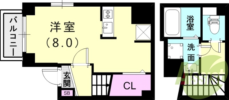 1K(25.64平米)エアコン・システムキッチン・バルコニー