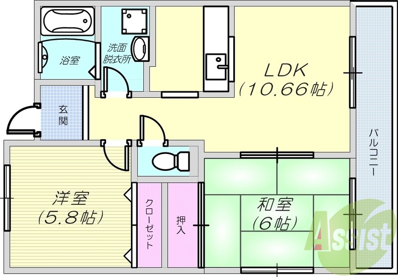 2LDK（58.8平米）カウンターキッチン・独立洗面台