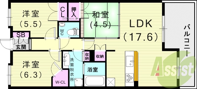3LDK（74.56平米）ウォークインクローゼット・床暖房