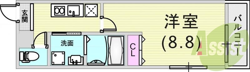 1K（28.5平米）システムキッチン・浴室乾燥機・収納