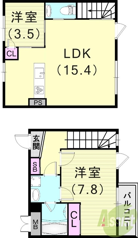 3LDK（60.06平米）メゾネット・追い焚き・浴室乾燥機