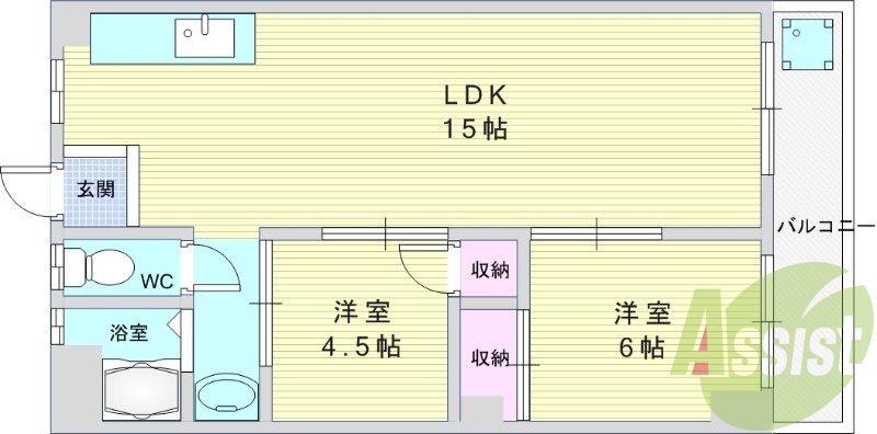 2LDK（54.5平米）独立洗面台・TVインターホン