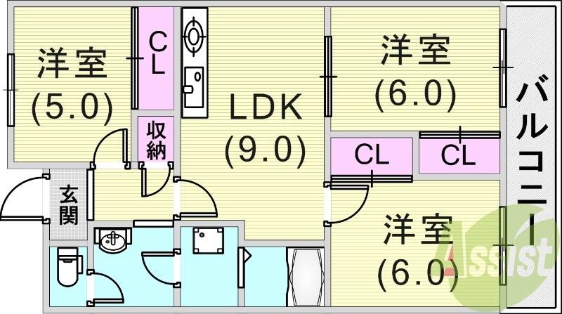 3LDK(61.2平米)ペット飼育可・バストイレ別・角部屋