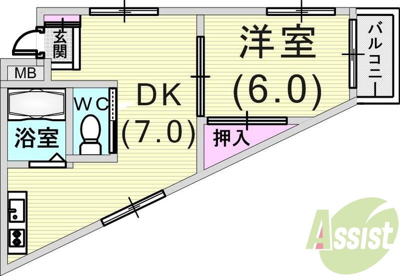 1DK(27平米)エアコン・南面バルコニー・モニターホン