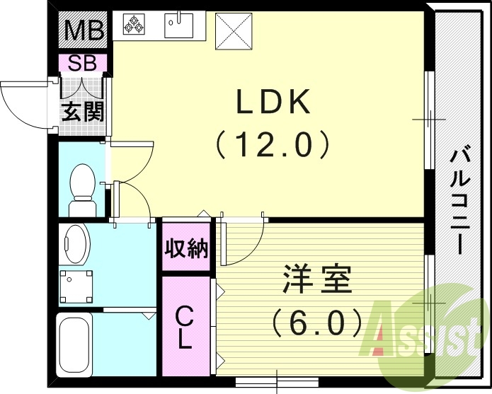1LDK（40平米）システムキッチン・エアコン・バルコニー