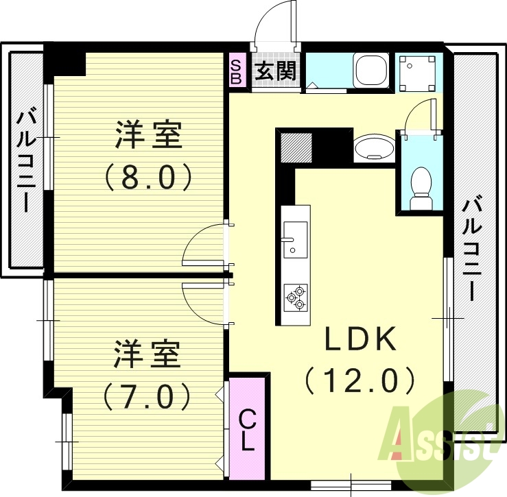 2LDK（55平米）システムキッチン・2面バルコニー・角部屋