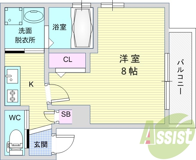 1K（25.58平米）独立洗面・システムキッチン・エアコン