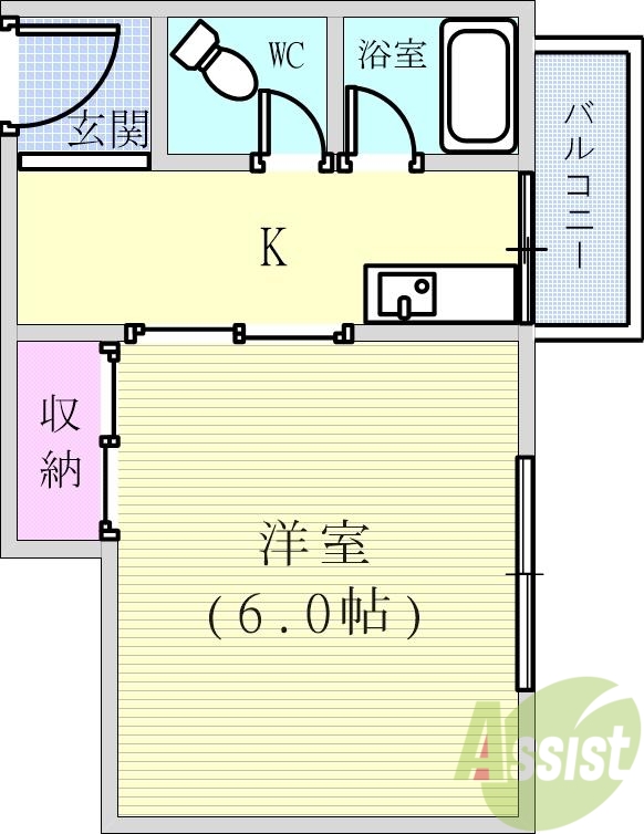 1K（21平米）エアコン・バルコニー・角部屋・風呂トイレ別