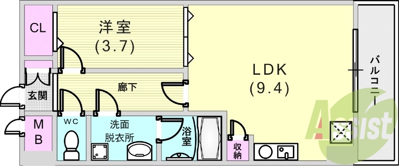 １LDK（３２.４平米）システムキッチン・エアコン・収納