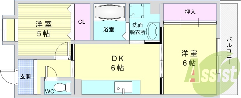 2DK（43.01平米）TVインターホン・独立洗面台