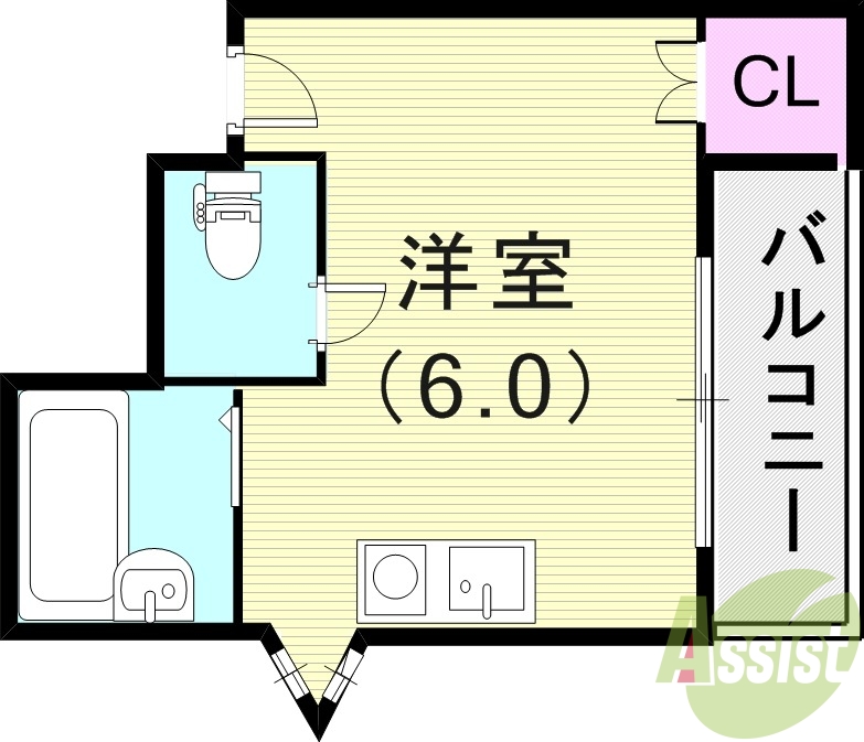 1R(15.18平米）ミニキッチン・風呂トイレ別・収納
