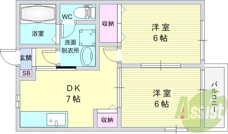 2DK（42平米）駐車場セット・独立洗面台・TVインターホン