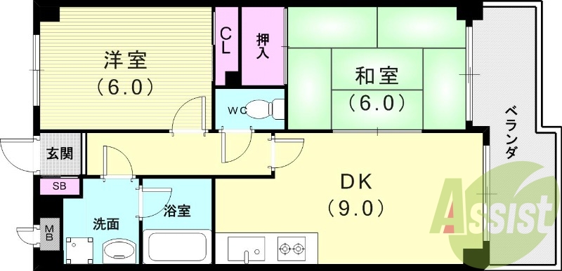 2DK（48.5平米）システムキッチン・南面バルコニー・和室