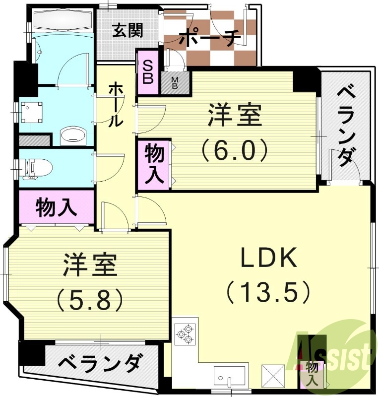 2LDK（59.53平米）お風呂トイレ別・脱衣所・玄関ポーチ