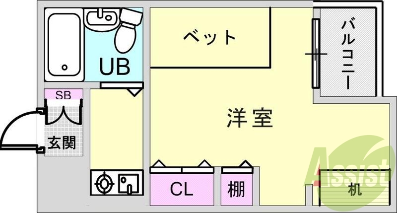 １R（19.12㎡）エアコン・ベッド・デスク・ミニ冷蔵庫