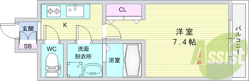 1K（24.5平米）独立洗面台・浴室乾燥機・システムキッチン