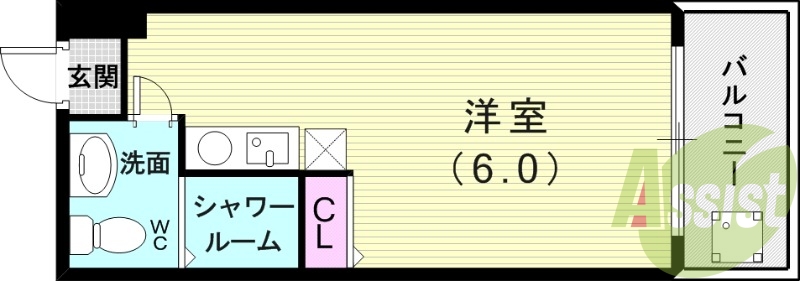 １R（14.87平米）エアコン・独立洗面台・バルコニー・収納