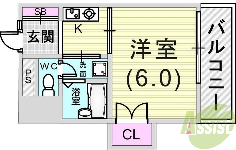 1K（22.6平米）風呂トイレ別・南向き・下駄箱・エアコン