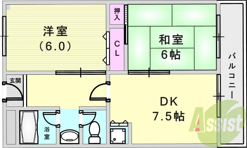 2DK（54.75平米）システムキッチン・バルコニー・収納